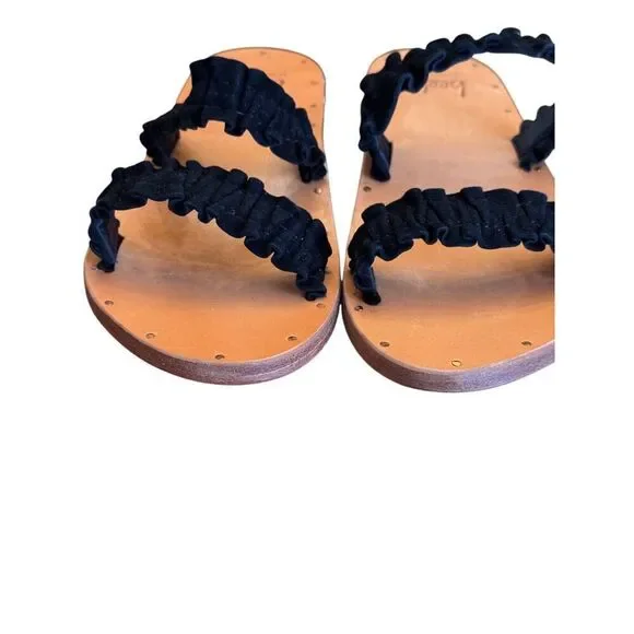 "BEEK Handmade Leather Sandals Size 6 Black Ruffled Straps Floor Sample NWOT" - Picture 2 of 7
